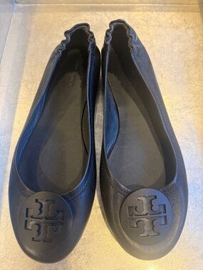 Tory Burch Black Leather Logo Ballet Flats